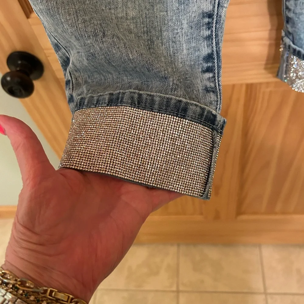 Karl Lagerfeld Light Blue Ankle Jeans with Glitter Cuff - Picture 2 of 6